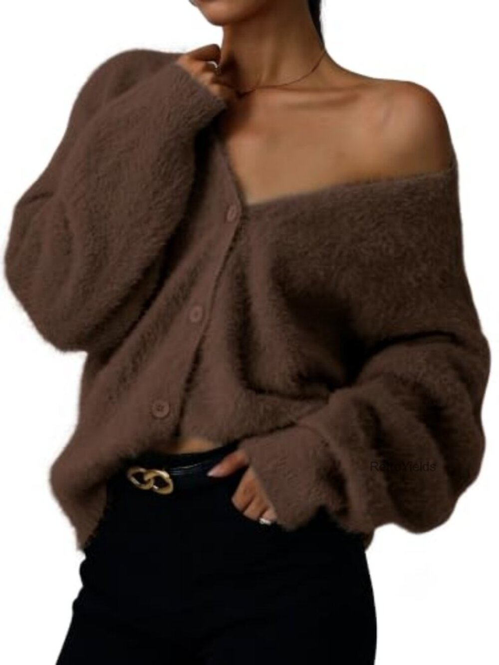 Fuzzy Knit V Neck Button Down Cardigan Soft Cozy Womens Sweater